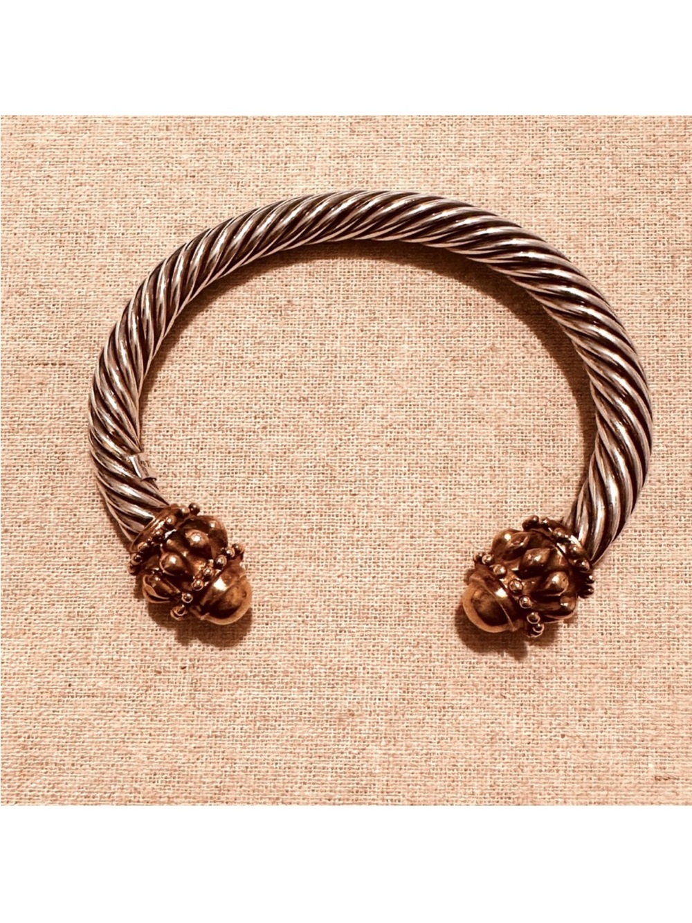 Vintage | Bracelet | Vintage Sterling Silver Cable Cuff Gold Domes | Festival - Picture 2 of 11